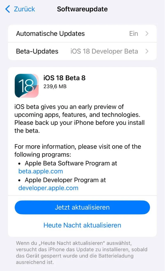 南头镇苹果手机维修分享苹果 iOS / iPadOS 18 开发者预览版 Beta 8 发布 